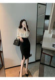 Patcute Two Piece Shirt Long Sleeve Satin Top High Waist Asymmetric Short Skirt Suit Sexy Pack Hip Slit Skirt Two Piece Office Dress