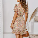 Patcute  Women Dresses Summer Sexy V Neck Floral Print Bohemia Beach Dress Ruffle Short Sleeve A Line Mini Dress Sundress Robe