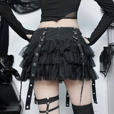 Patcute  Goth Dark Ruffles Mall Gothic Mesh Splice Mini Skirts Grunge Aesthetic Harajuku Buckle A-line Skirt Punk High Waist Alt Bottoms