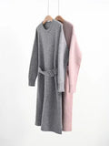 Patcute Autumn Winter Knitted Dress  O-Neck Long Sleeve Party Midi Dress for Women Elegant Pink Gray A-line Sweater Dresses Ladies