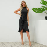 Patcute  High Quality Women Hot Selling Sexy Buttocks Wrapped Slim Fit Standing Collar Sleeveless Ruffled Fishtail Dress Vestidos Elegant