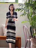 Patcute Striped Polo Neck Elegant Dress For Women'S Summer French Style Slim Fit Cardigan Knit Mid Length Skirt