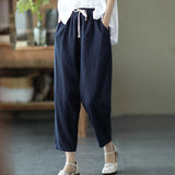 Patcute   2024 Summer Casual Cotton Linen Pants Women Retro Pockets Loose Harem Pants Woman Solid Elastic Waist Trousers Female