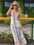 Patcute Chic Printed Hanging Neck Maxi Dress for Women 2024 Fashion Summer Sleeveless Female Dresses Vacation Beach Lady Backless Robes