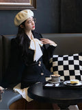 Patcute Black Elegant Party Mini Dress Women Winter Bow Sweet Korean Style Pleated Dresses France Vintage Two-piece Dress and Coat