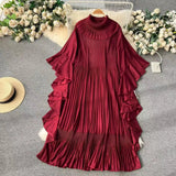 Patcute  Batwing Sleeve o-Neck Oversized Skirt Hem Chiffon Dress 2024 Spring New Women's Design Feeling Pleated Dress Trend Long Skirt