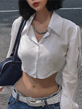 Patcute   Harajuku White T-shirts Women Blouse Autumn Long Sleeve Hollow Out Turn-down Collar Blouse Shirt High Street Y2K Tops Tee