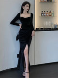 Patcute Bodycon Sexy Party Dresses Women Winter Black Evening Elegant Long Dress Ladies France Vintage Split Fishtail Vestidos Autumn