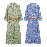 Patcute Spring/Summer New Women's Fashion Street Style Retro Print Belt Shirt Dress Single breasted Casual Long Dress