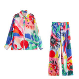 Patcute Spring/Summer New Women's Satin Printed Shirt Set Long sleeved Shirt High Waist Wide Leg Long Pants Casual Pants