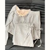 Patcute  Japanese-style spring wear a gray casual top female 2024 new bow design super sweet high waist slim wide-leg pants two-piece