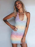 Patcute V-Neck Knitted Dress Tie-Dye Holiday Party Backless Beach Cover-Up Dress Bodycon Slim Sleeveless Summer Mini Sweater Dress