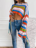 Patcute   Rainbow Striped Tassel Crop Sweater Women  Autumn New Long Sleeve Streetwear Y2K Fashion Loose Knitted Pullovers