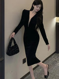 Patcute Sexy Deep V-neck Black Velvet  Dress Women Autumn Winter Vintage Solid Long Sleeve Prom Vestidos Evening Party Robe Female New