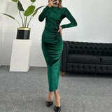 Patcute Fashion Autumn Solid Crew-neck Temperament Dress Winter Elegant Slim Velvet Party Dress 2024 Chic Long Sleeve Folds Long Dress