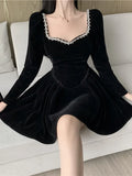 Patcute QWEEK Vintage Elegant Black Party Dresses Evening Retro Velvet Tepmweament Wrap Slim Mini Short Dress Square Collar