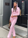 Patcute  Women Spring Outfits Casual Zipper Sweater Hoodie Set High Waist Flare Pants Suits Pink Knitted Womens Y2k Two Piece Set