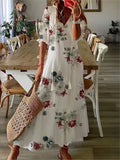 Patcute  Elegant Boho Floral Print Beach Long Dresses For Women Fashion RufflesV-neck Short Sleeve Casual Sweet Loose Maxi Dress