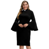 Patcute  Women Clergy Tab Collar Dress Black Mass Dress Retro Bodycon Knee-Length Work Pencil Dress