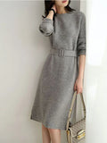 Patcute Autumn Winter Knitted Dress  O-Neck Long Sleeve Party Midi Dress for Women Elegant Pink Gray A-line Sweater Dresses Ladies