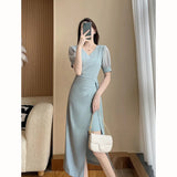 Patcute  Dress summer HIGH sense chic COLLECT WAIST TEMPERAMENT FOREIGN gas short sleeve show thin slim open fork dress