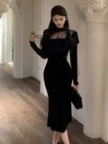 Patcute Elegant Velvet Dress Women Autumn Winter Long Sleeve O-neck Lace Slim Sexy Bodycon Female Evening Party Prom Robe Vestidos Mujer