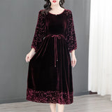 Patcute Women Dress Velvet Big Swing Skirt Dress Floral Pattern O Neck Spring Elegant Long Dress Wedding Female Robe Ladies Vestidos