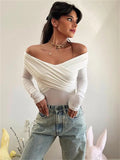 Patcute   V-Neck Summer Patchwork T-shirt Cropped Top For Women Fashion Mesh Long Sleeve Sexy Off-Shoulder Female Y2k Top Tee 2024