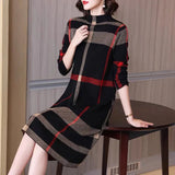 Patcute  Winter Women's Wool Knitted Dress Striped Half High Collar Vintage Fashion Thick Sweater Style Female Clothing