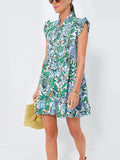 Patcute  Vintage Green Floral Dresses Women V-Neck  Dresses Ruffles Mini Dress Vestidos