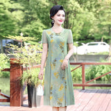 Patcute Summer Women Fashion Print Mesh Elegant Party Dresses Casual Round neck Short Sleeve Slim Pleated Midi Dress Vestido