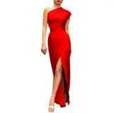 Patcute  Women Ball Evening Dress Sleeveless One Shoulder Slim Fit Lady Dress Tight Waist High Split High Waist Slant Party Maxi Dress