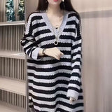 Patcute Spring Autumn New Hollow Stripe Knitted Skirt for Women's European Retro Mid Length Loose V-neck Long Sleeved Sweater Dress