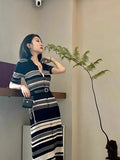 Patcute Striped Polo Neck Elegant Dress For Women'S Summer French Style Slim Fit Cardigan Knit Mid Length Skirt