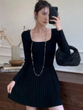 Patcute Elegant Solid Knitted Dress Women Long Sleeve Square Collar Autumn Winter Base Slim Dresses Korean Simple Pleated Vestidos New