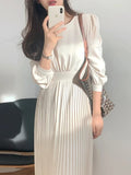 Patcute  Spring Summer Women Solid Korean Casual Pleated Dress  New Long Sleeve Slim Elegant Midi Party Dress