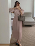 Patcute  Spring Summer Women Solid Korean Casual Pleated Dress  New Long Sleeve Slim Elegant Midi Party Dress