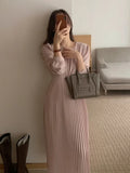 Patcute  Spring Summer Women Solid Korean Casual Pleated Dress  New Long Sleeve Slim Elegant Midi Party Dress