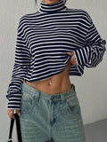 Patcute Striped Turtleneck Long Sleeve T-Shirt