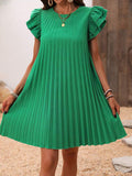 Patcute Pleated Round Neck Cap Sleeve Mini Dress