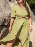 Patcute Plus Size V-Neck Half Sleeve Top and High-Low Skirt Set