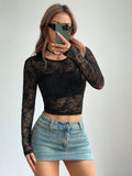 Patcute Round Neck Long Sleeve Lace Sheer Top