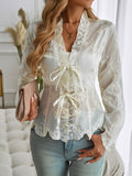 Patcute  Tied Frill V-Neck Long Sleeve Lace Top