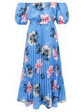 Patcute Pleated Floral Off-Shoulder Short Sleeve Midi Dress