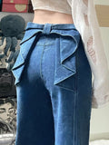 Patcute Sweet Bow High Waist Jeans for Women Y2k Blue Vintage Aesthetic Straight Denim Trousers Korean Fashion Casual Baggy Jean