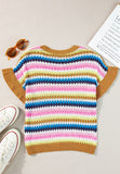 Patcute Contrast Round Neck Short Sleeve Sweater