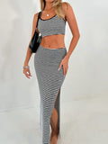 Patcute  Striped Halter Neck Top and Slit Skirt Set