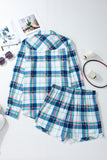 Patcute Plaid Button Down Long Sleeve Shirt and Shorts Lounge Set