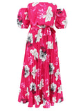 Patcute Pleated Floral Off-Shoulder Short Sleeve Midi Dress