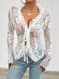 Patcute Tied V-Neck Long Sleeve Lace Top